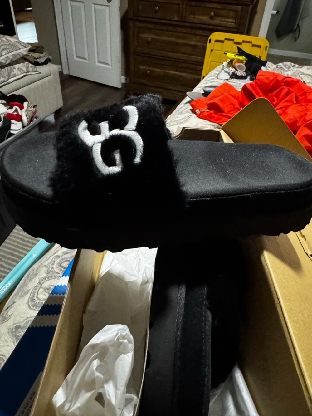 UGG Black Faux Fur Logo Slide Slippers